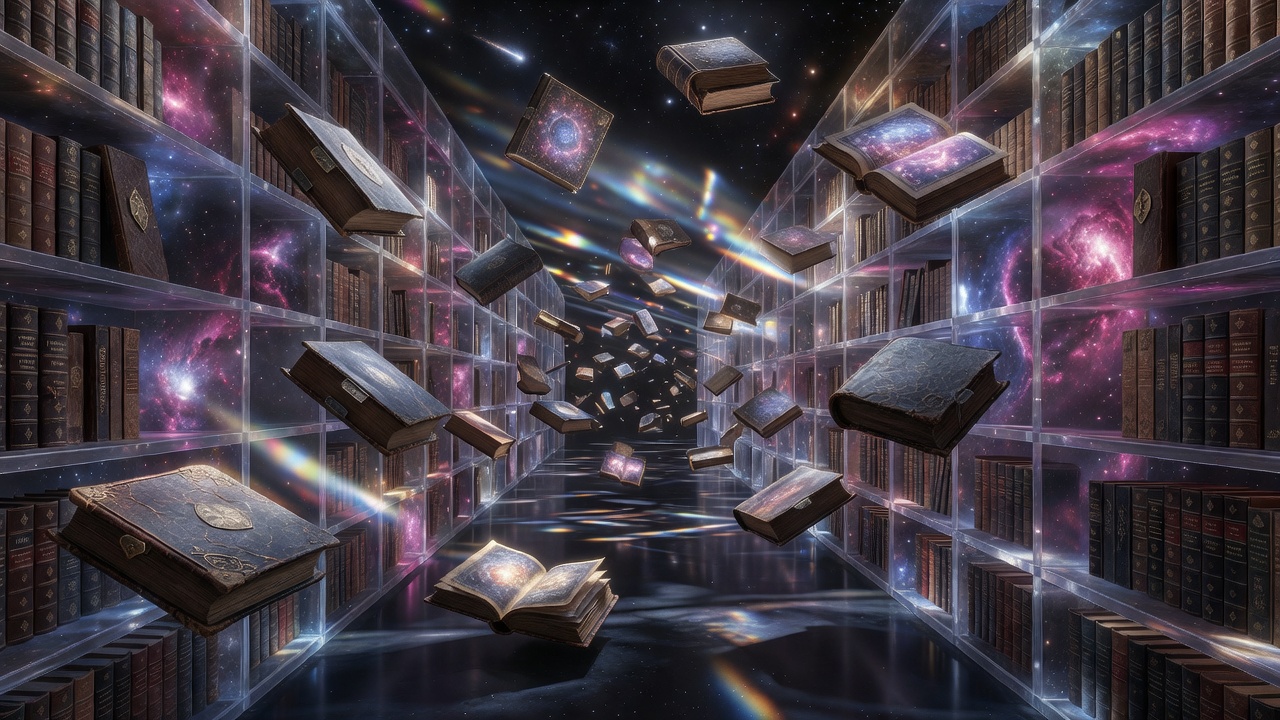 Cosmic magical library corridor filled with thousands of floating ancient volumes of lore