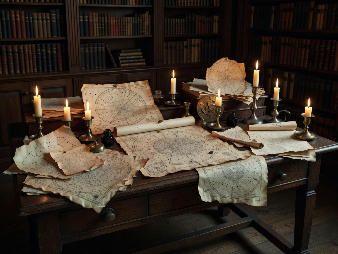 Mysterious dimly lit research workspace filled with scattered manuscripts, star-maps, and candle lights